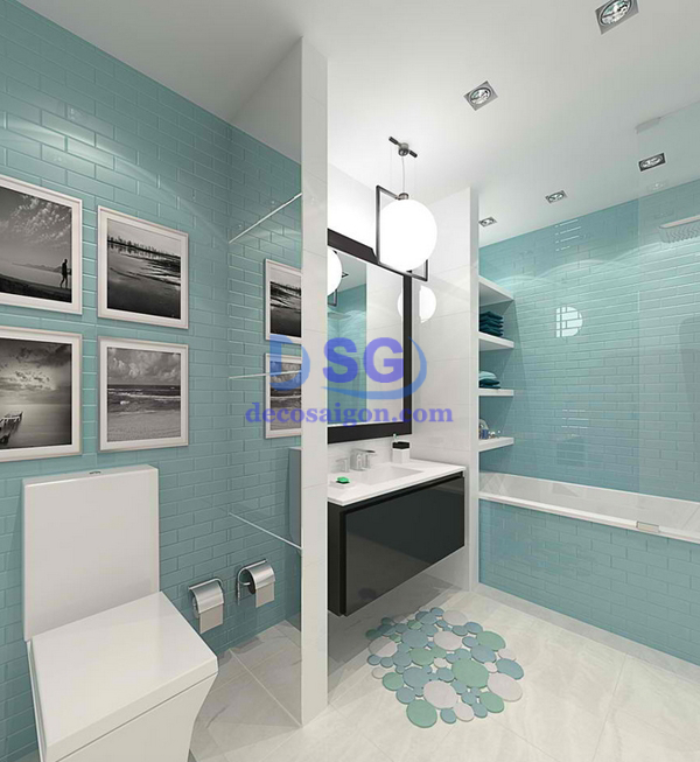 Phòng tắm kết hợp màu xanh và màu xám